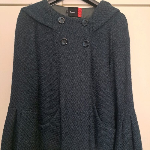 Toi&Moi short coat used, blue bouclé with hood and bell sleeves