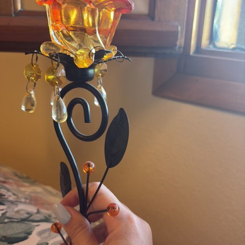 Vintage candlestick with amber glass holder and metal details like new