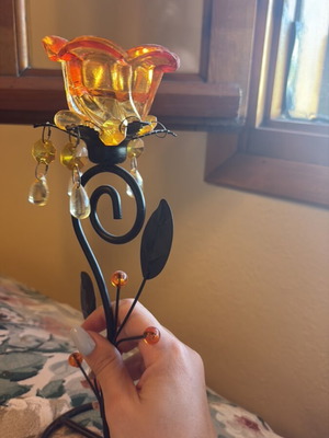 Vintage candlestick with amber glass holder and metal details like new