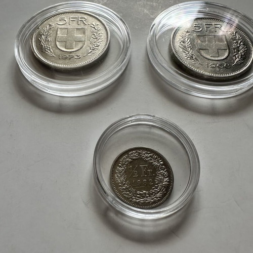 Swiss coins used, set of 3 with 5 Francs and 1/2 Franc