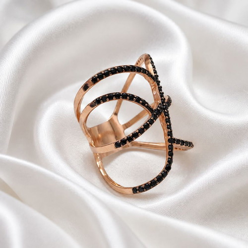 Handmade rose gold plated silver ring with black zirconia, size 57