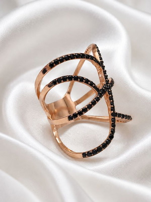 Handmade rose gold plated silver ring with black zirconia, size 57