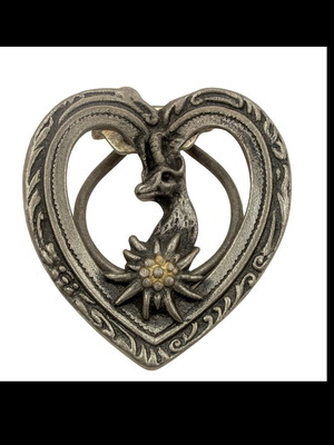 Vintage Alpine brooch used, heart-shaped with edelweiss and chamois