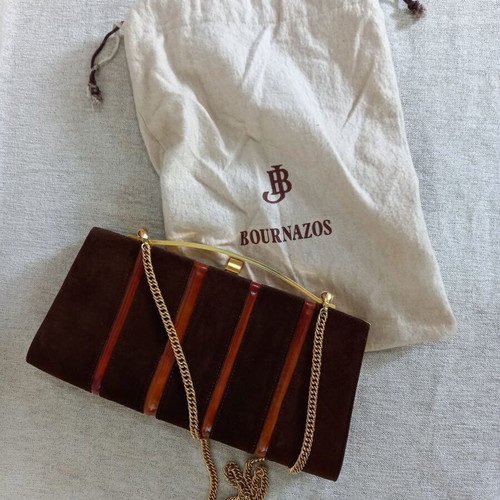 Women's evening shoulder bag used brown suede with stripes