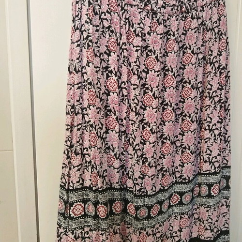 Boho long skirt Peacocks refurbished, white and red, size XL