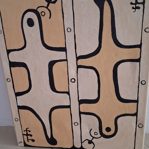Abstract painting 50x60 cm signed K.M. used, tribal ethnic art