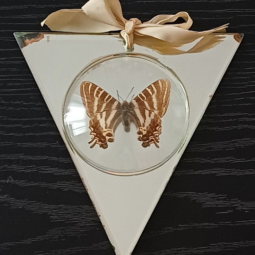 Vintage triangular wall mirror with authentic Asian butterfly