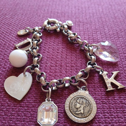 Dyrberg/Kern bracelet new, steel chain with 7 charms, white opal bead