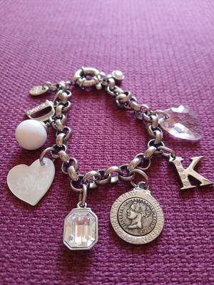 Dyrberg/Kern bracelet new, steel chain with 7 charms, white opal bead