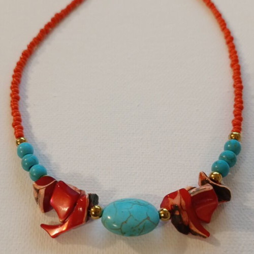 Necklace 773 new, handmade, orange and turquoise