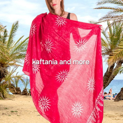 Rima Beachwear red viscose pareo with fringes and sun print