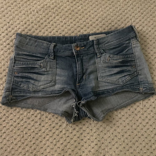 Low waisted jean shorts, grey and blue