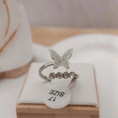Steel butterfly ring new, silver with small diamonds