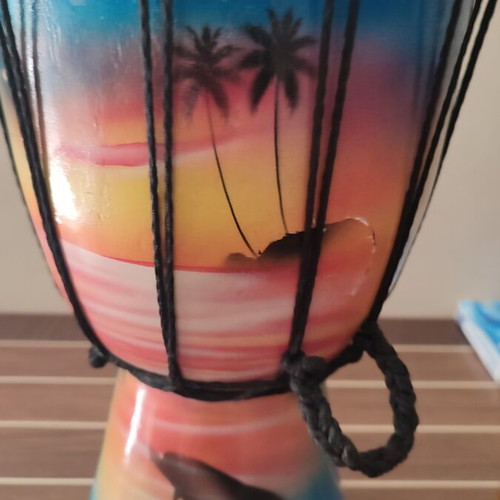 Wooden handmade djembe used, hand-painted tropical design 30x28 cm