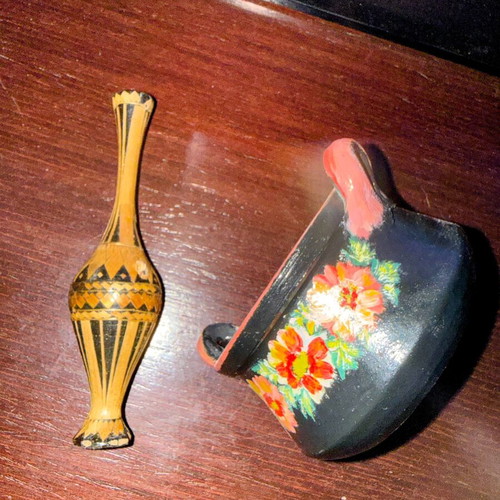 Vintage decorative set ceramic container and wooden bottle used
