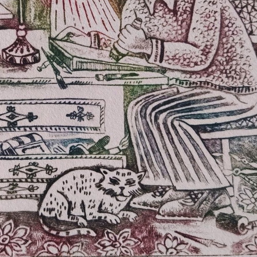 Humorous drawing new, graphic artist with cat