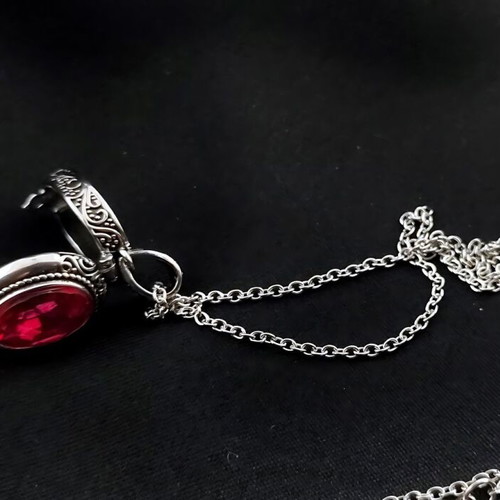 Gothic Locket Box Pendant with Red Crystal and Carved Branches, New