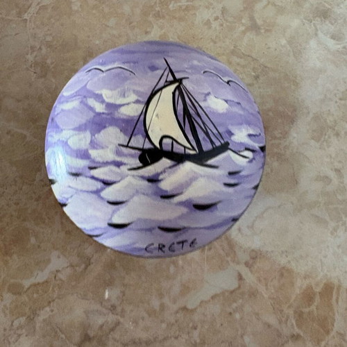 Ceramic jewelry box with Crete painting, 10 cm diameter