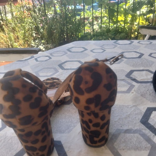 Diamantique leopard black suede sandals with thick heel, like new