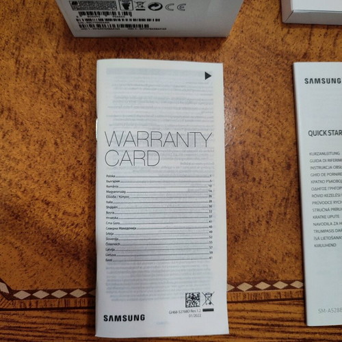 Samsung A52S 5G box used with warranty card and quick start guide