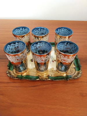 Vintage Oriental Tea Glass Set of 6 with Gift Wooden Tray like new