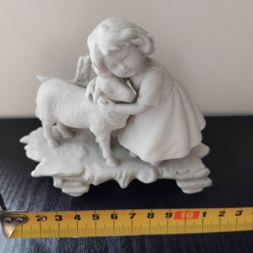 Micro sculpture girl with lamb used, vintage porcelain figurine