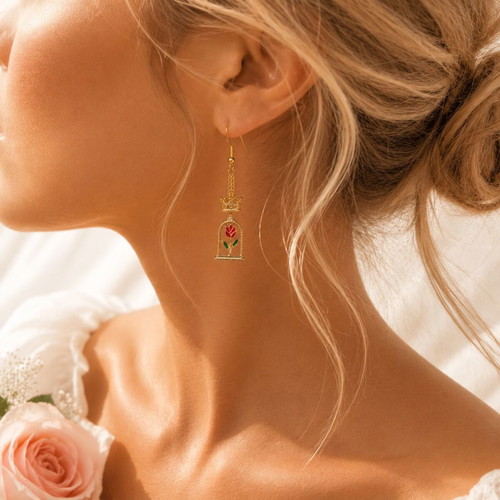 Handmade Enchanted Rose Earrings with Gold Crowns, New