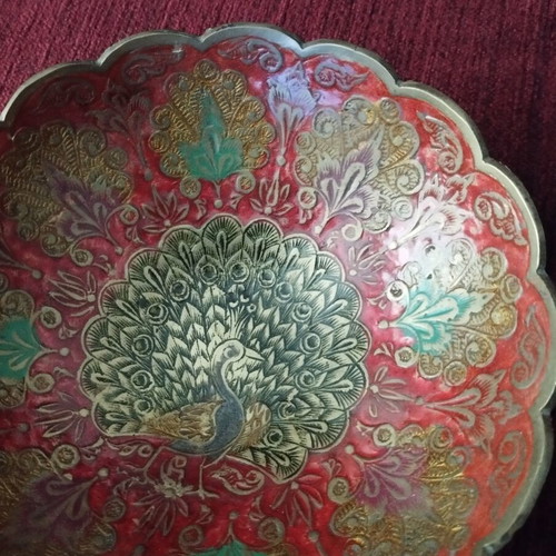 Indian brass bowl used with colorful enamel peacock design