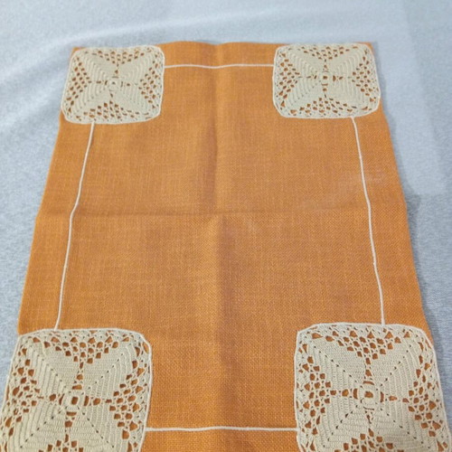 Table linens with hand crochet design, new, set of 2 orange with beige
