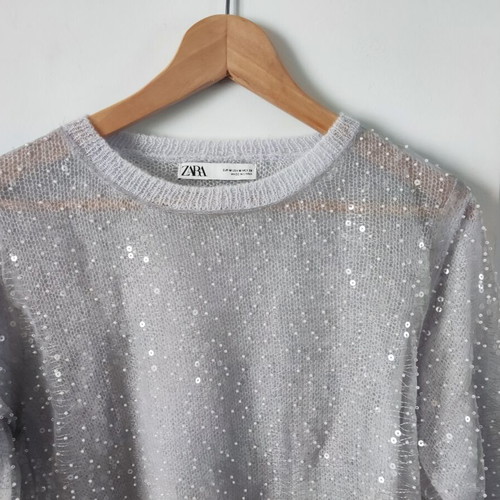 Zara knitted blouse with sequins like new, light gray, size M