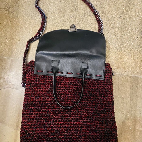 Handmade knitted shoulder bag new, burgundy and black with satin lining