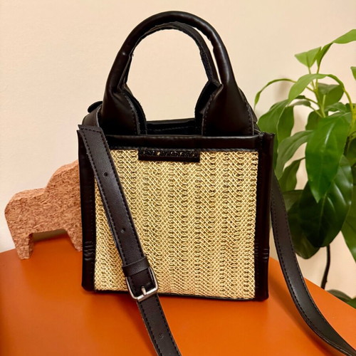 Elena Athanasiou Street 52 woven handbag crossbody like new, natural beige and black