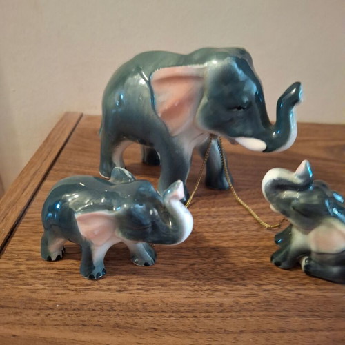 Elephant with 2 Porcelain Baby Elephants Vintage Decorative 1980s