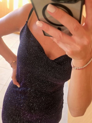 Black dress with purple silver details, elegant fit, thin straps