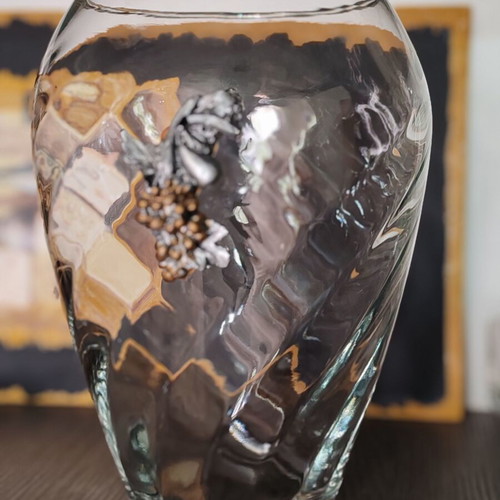 Crystal glass vase with metal grape and vine applique