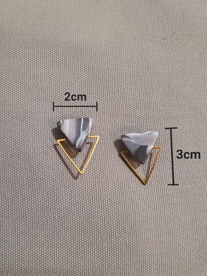 Polymer clay earrings like new, gray and white triangle with metal details