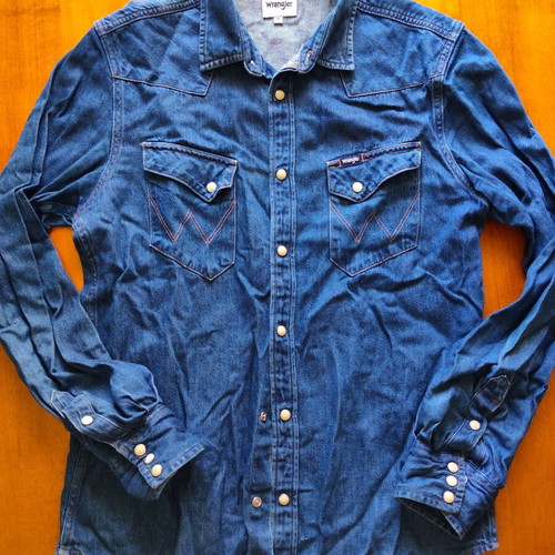 Wrangler men's denim shirt used, medium, dark blue, slim fit