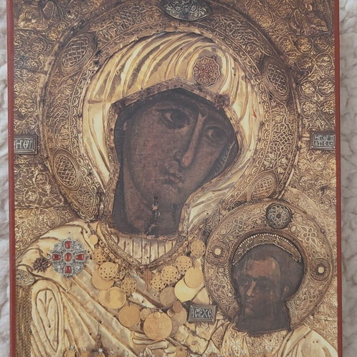 Panagia framed icon on wooden backing like new