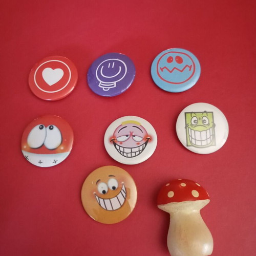 Pins with happy designs used, wooden mushroom and metal others