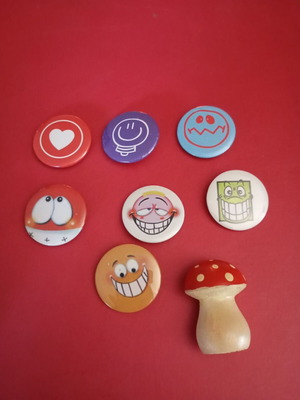 Pins with happy designs used, wooden mushroom and metal others