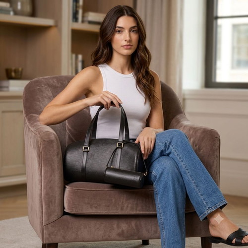 Louis Vuitton Soufflot black Epi leather bag with matching pouch MI0053