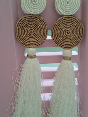 Earrings used, long, white and beige
