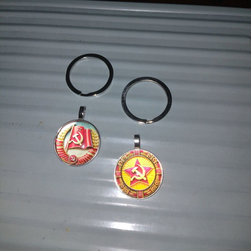 Keychain medallions new, set of 2 with hammer and sickle on red flag