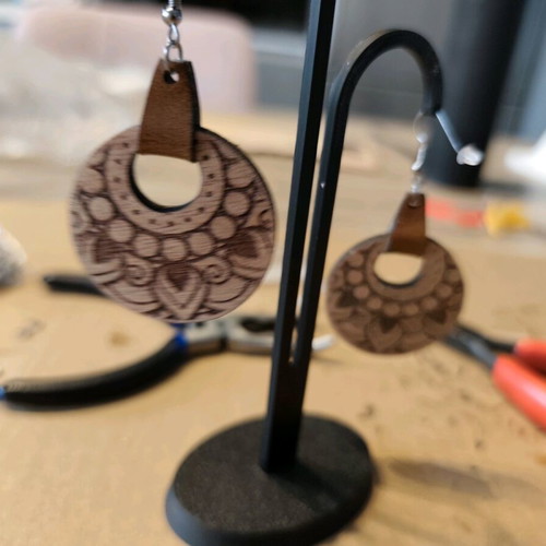 Wooden Mandala earrings with leather detail new
