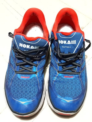 Hoka One Clifton 2 athletic shoes size 47.5 like new, blue and red