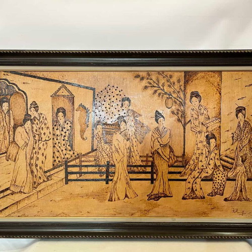 Vintage pyrography wall art with Chinese wedding scene, artist signed, 70x114