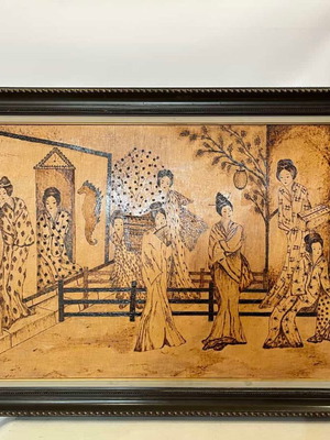 Vintage pyrography wall art with Chinese wedding scene, artist signed, 70x114