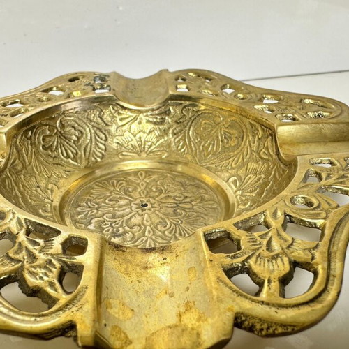 Vintage handmade brass ashtray with floral engravings