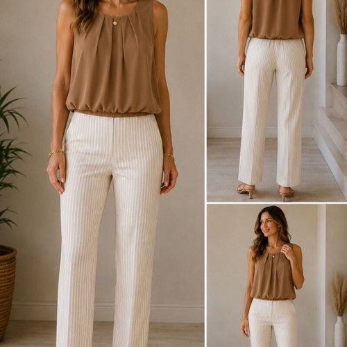 Striped summer pants Syran, white and beige, size L