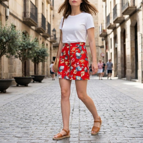 Floral Mini Skirt Size S Like New, Red Background